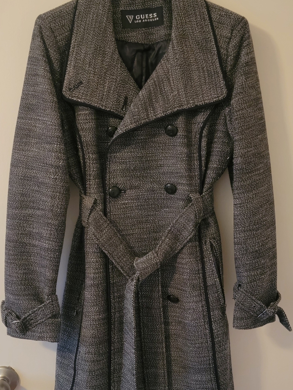 GUESS Womens Lg Gray & Black Textured Double-Breasted Pea Coat with Belt